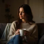 A woman sitting in low light on a couch, having coffee and reflecting.