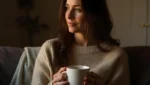 A woman sitting in low light on a couch, having coffee and reflecting.